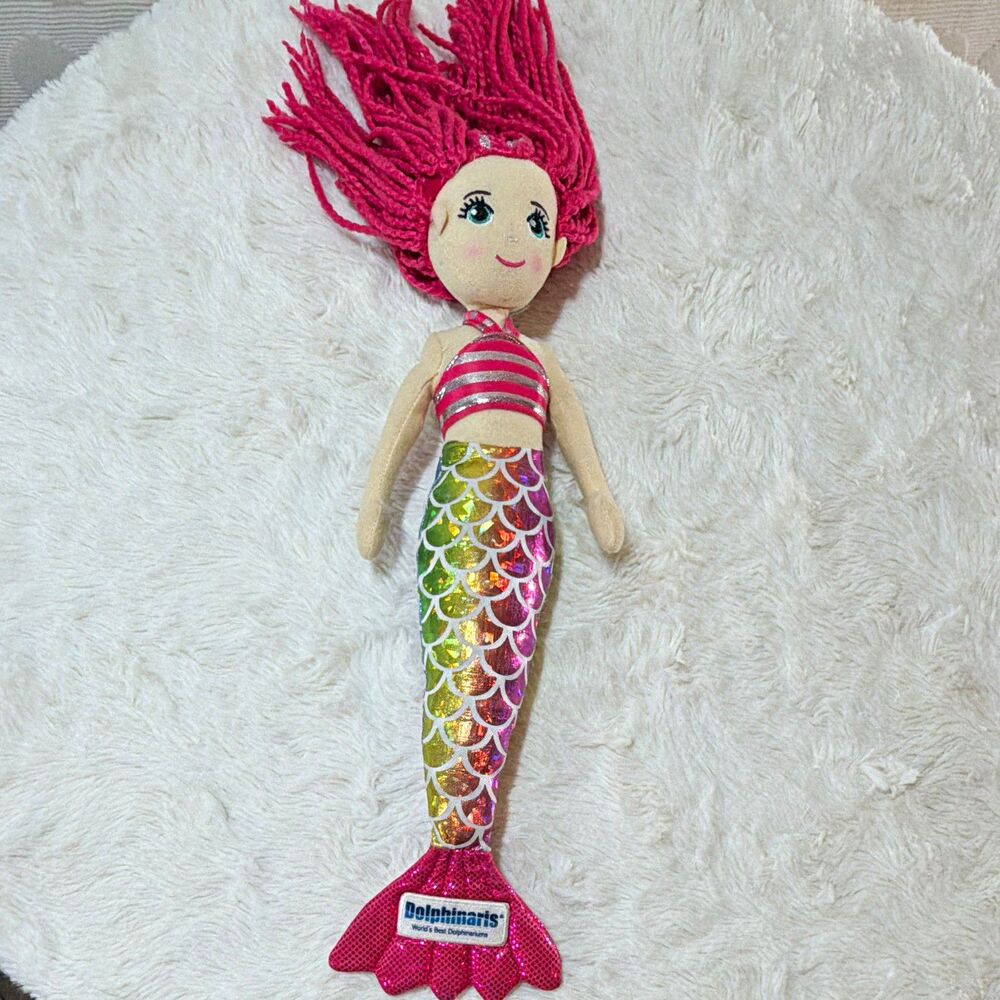 Dolphinaris Mermaid Plush Doll Pink Yarn Hair Rainbow Sequin Tail Souvenir